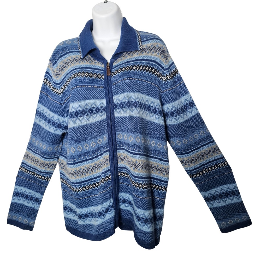 Classic Elements Womens Full Zip Fair Isle Sweater Large Blue Nordic Coastal